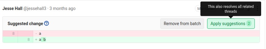 Apply a batch of suggestions A code change suggestion displayed, with the option to apply the batch of suggestions highlighted.
